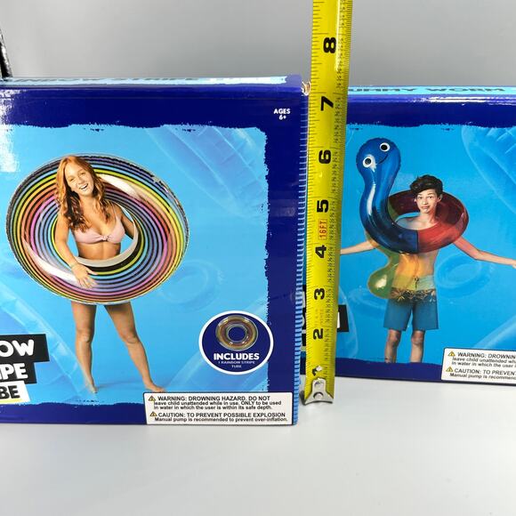 Lot of 2 Inflatable Swim TUBE Rings Gummy Worm & Rainbow Stripe Float NEW - Picture 8 of 10